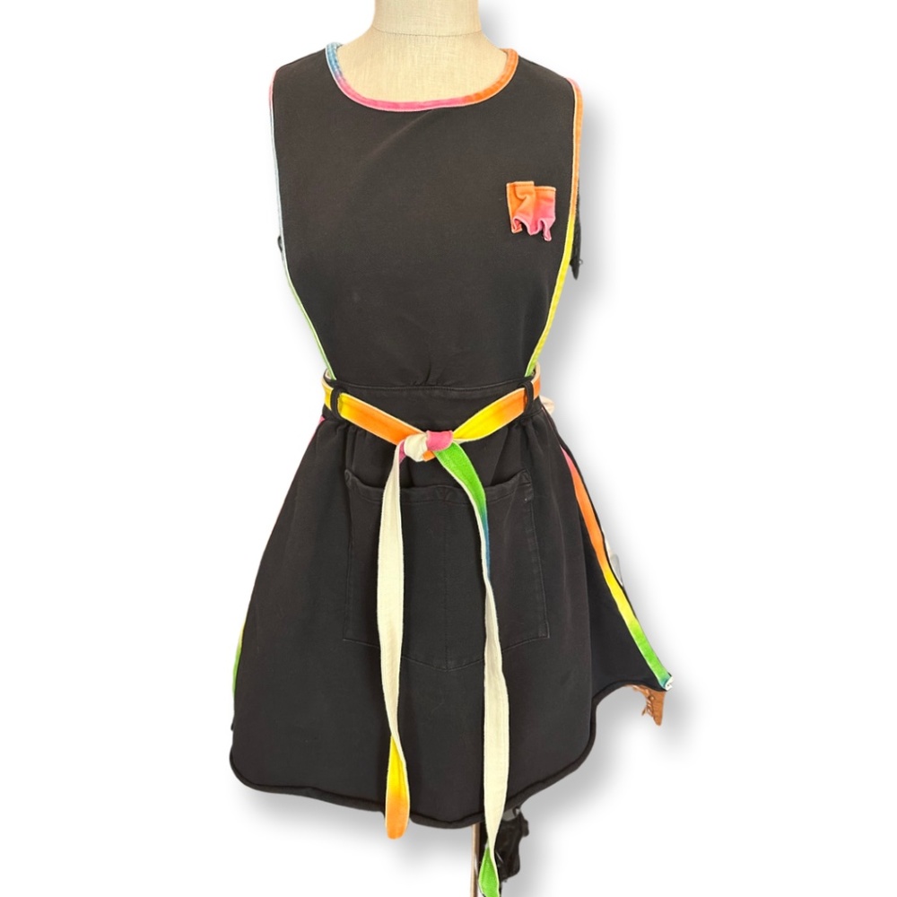 Black and rainbow Big Bud Press, denim shopgirl pinafore dress, overalls-Small